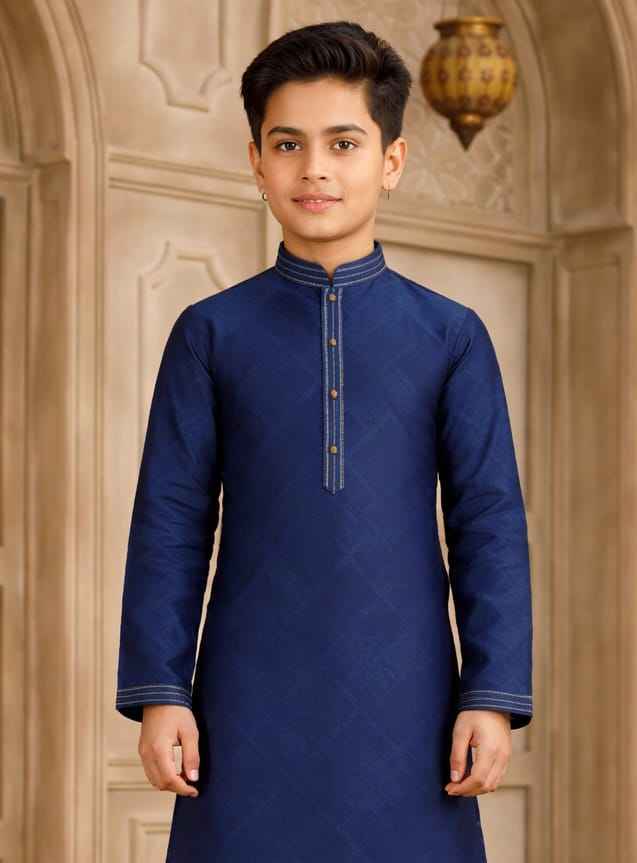 Blue Pure Soft Art Silk Self Broead Boys Kurta Pajama
