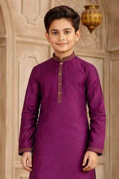 Purple Pure Soft Art Silk Self Broead Boys Kurta Pajama