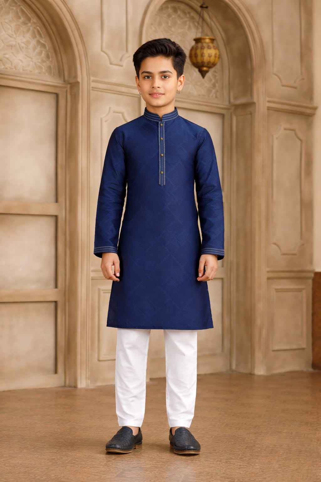Blue Pure Soft Art Silk Self Broead Boys Kurta Pajama