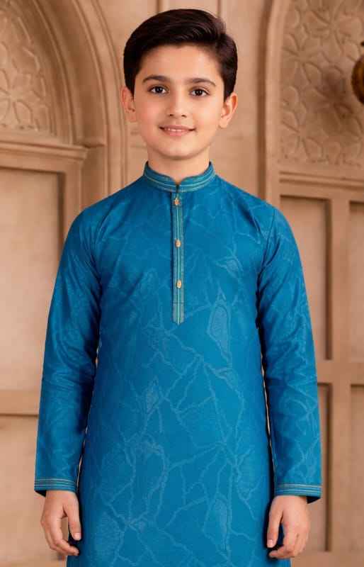 Teal Pure Soft Art Silk Self Broead Boys Kurta Pajama