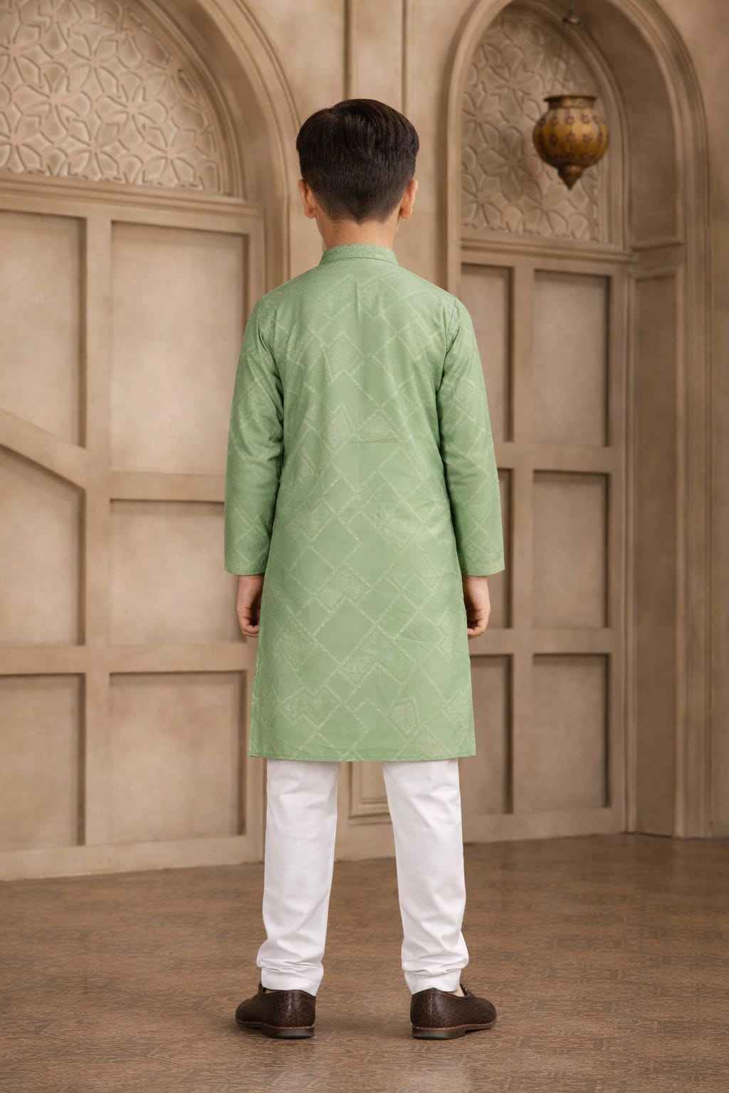 Green Pure Soft Art Silk Self Broead Boys Kurta Pajama