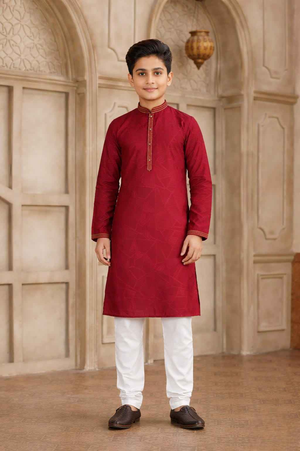 Maroon Pure Soft Art Silk Self Broead Boys Kurta Pajama
