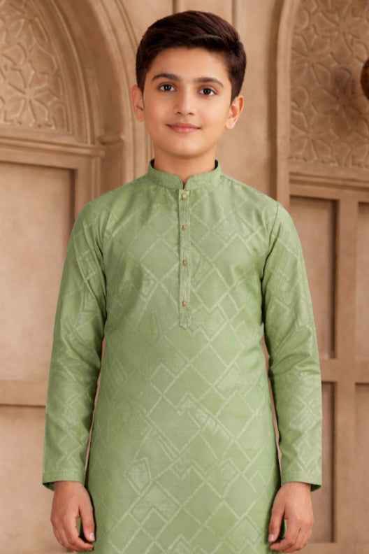 Green Pure Soft Art Silk Self Broead Boys Kurta Pajama