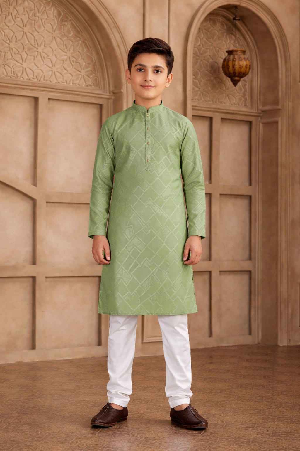 Green Pure Soft Art Silk Self Broead Boys Kurta Pajama
