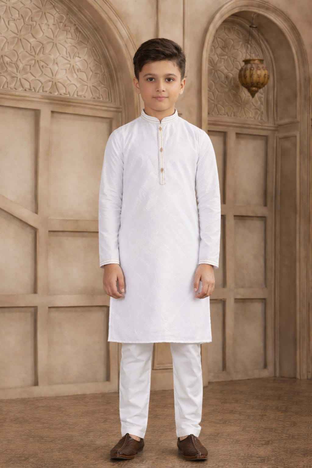 Off White Pure Soft Art Silk Self Broead Boys Kurta Pajama