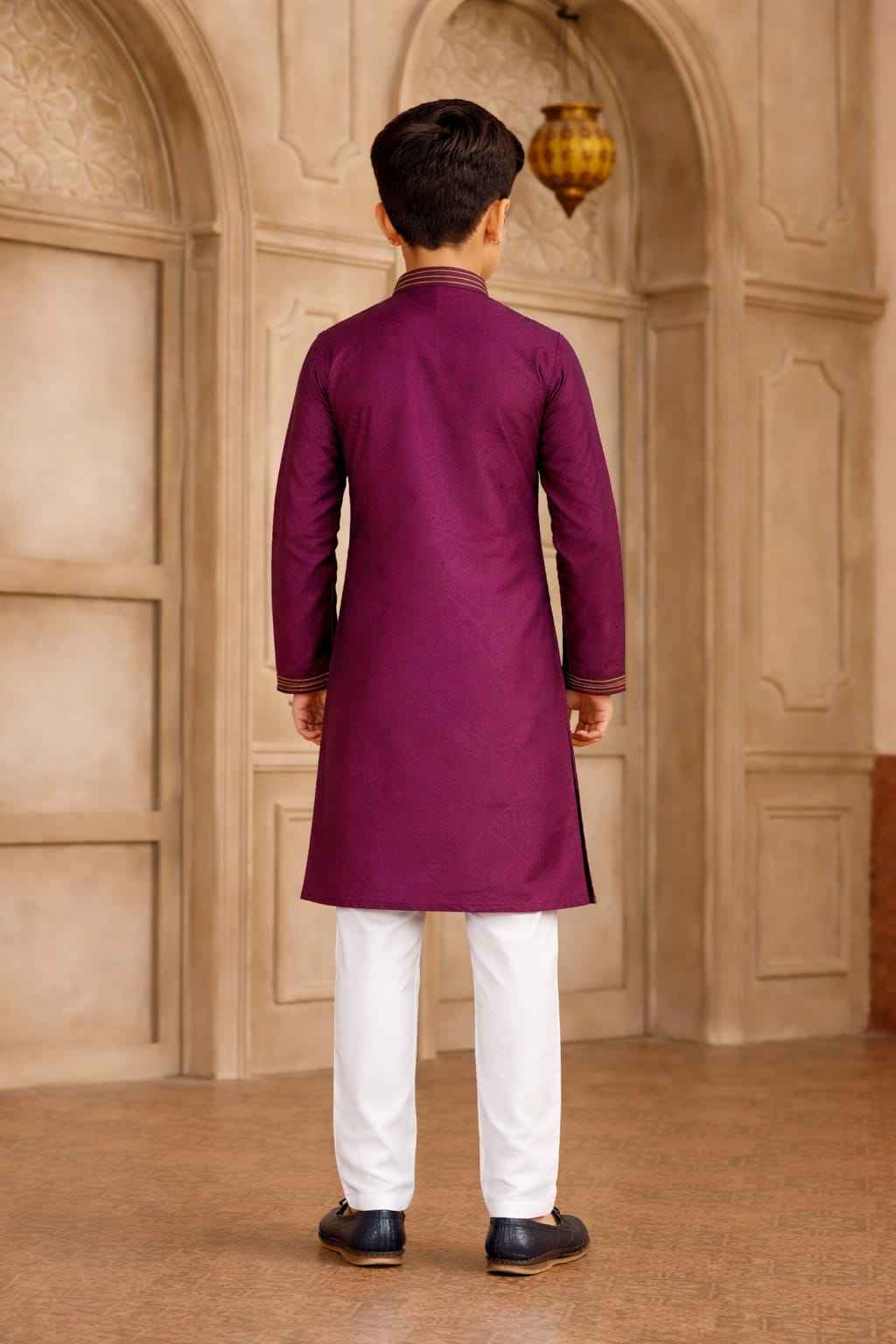 Purple Pure Soft Art Silk Self Broead Boys Kurta Pajama