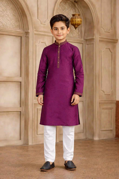 Purple Pure Soft Art Silk Self Broead Boys Kurta Pajama