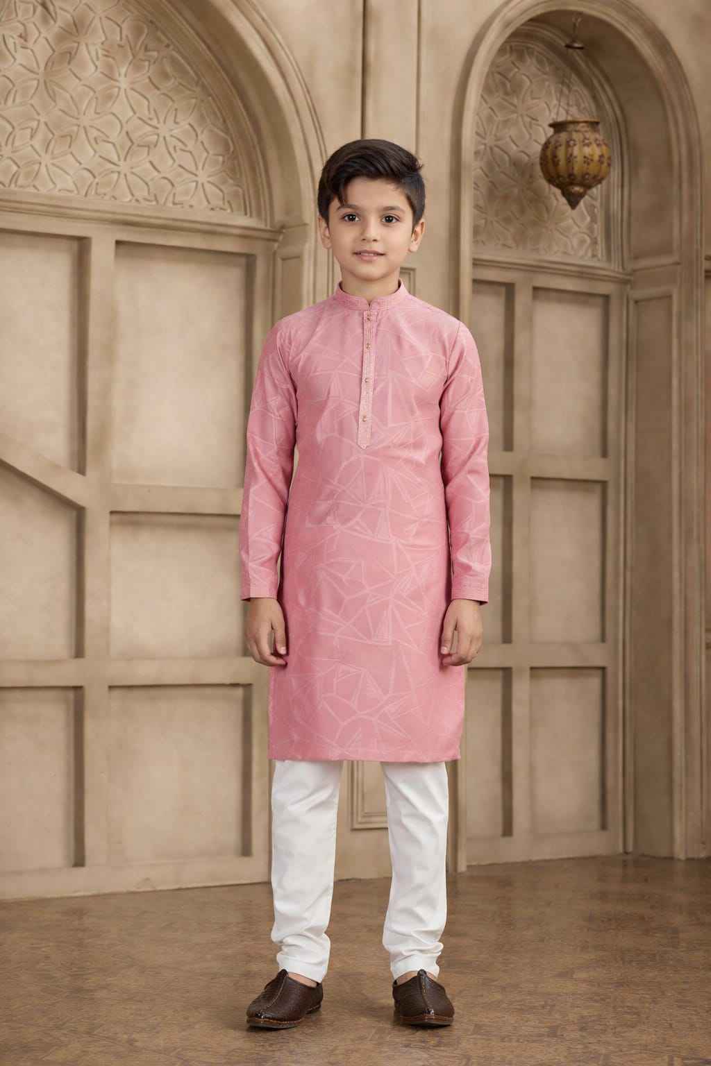 Peach Pure Soft Art Silk Self Broead Boys Kurta Pajama