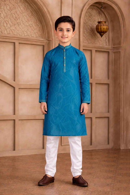 Teal Pure Soft Art Silk Self Broead Boys Kurta Pajama