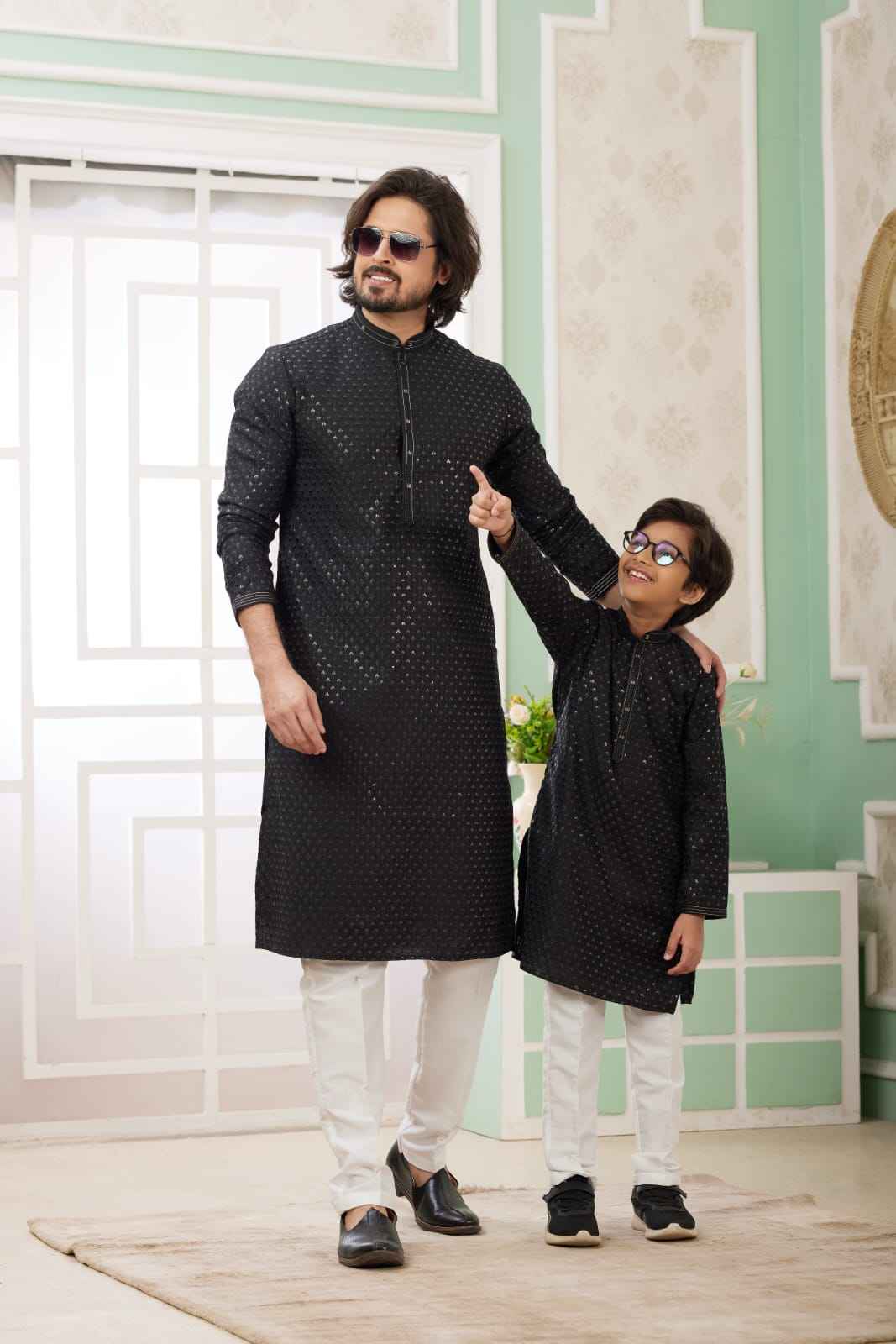 Black Pure Art Banarasi Silk Thread Work Kurta Pajama Father and Son Matching Combo Set