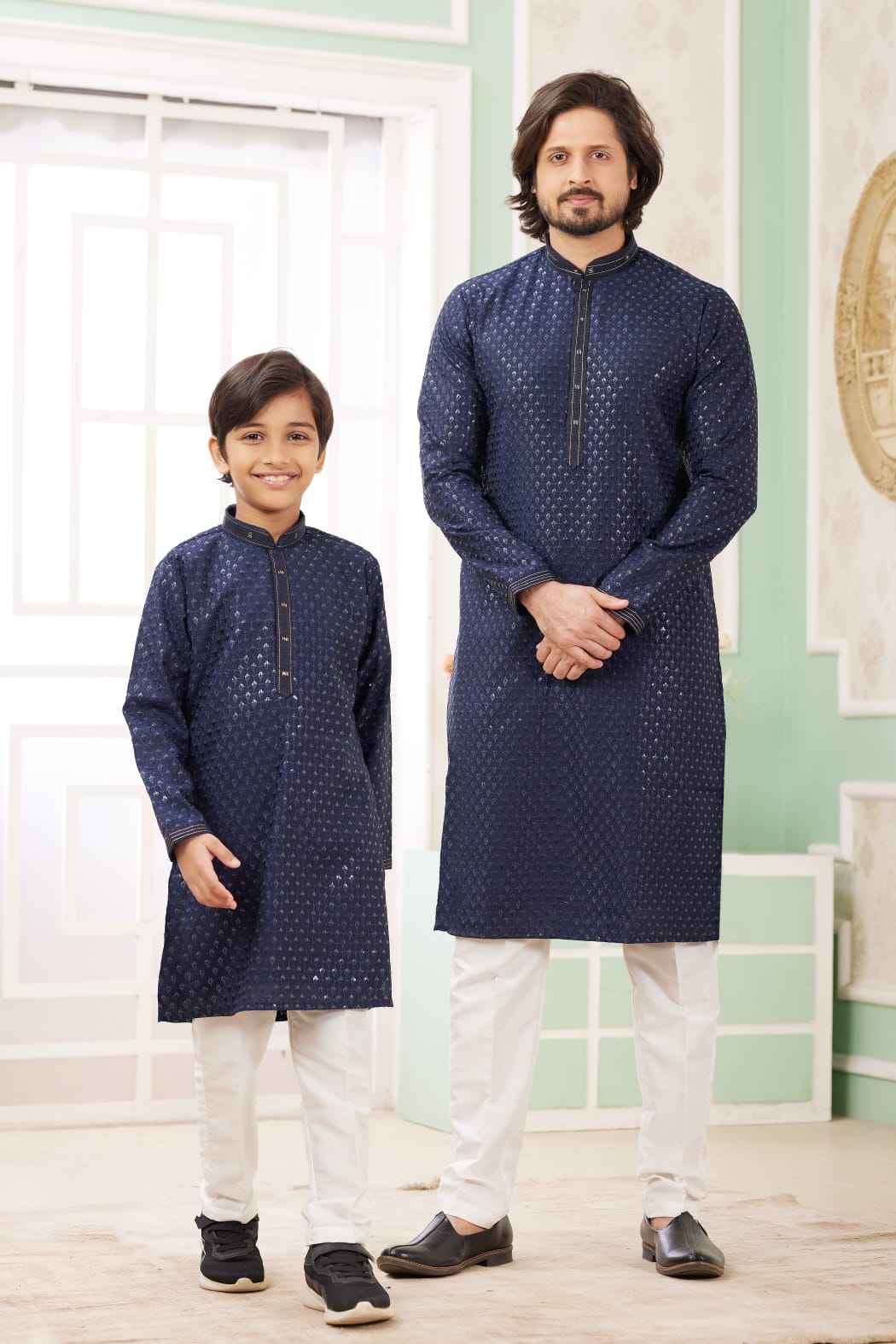 Blue Pure Art Banarasi Silk Thread Work Kurta Pajama Father and Son Matching Combo Set