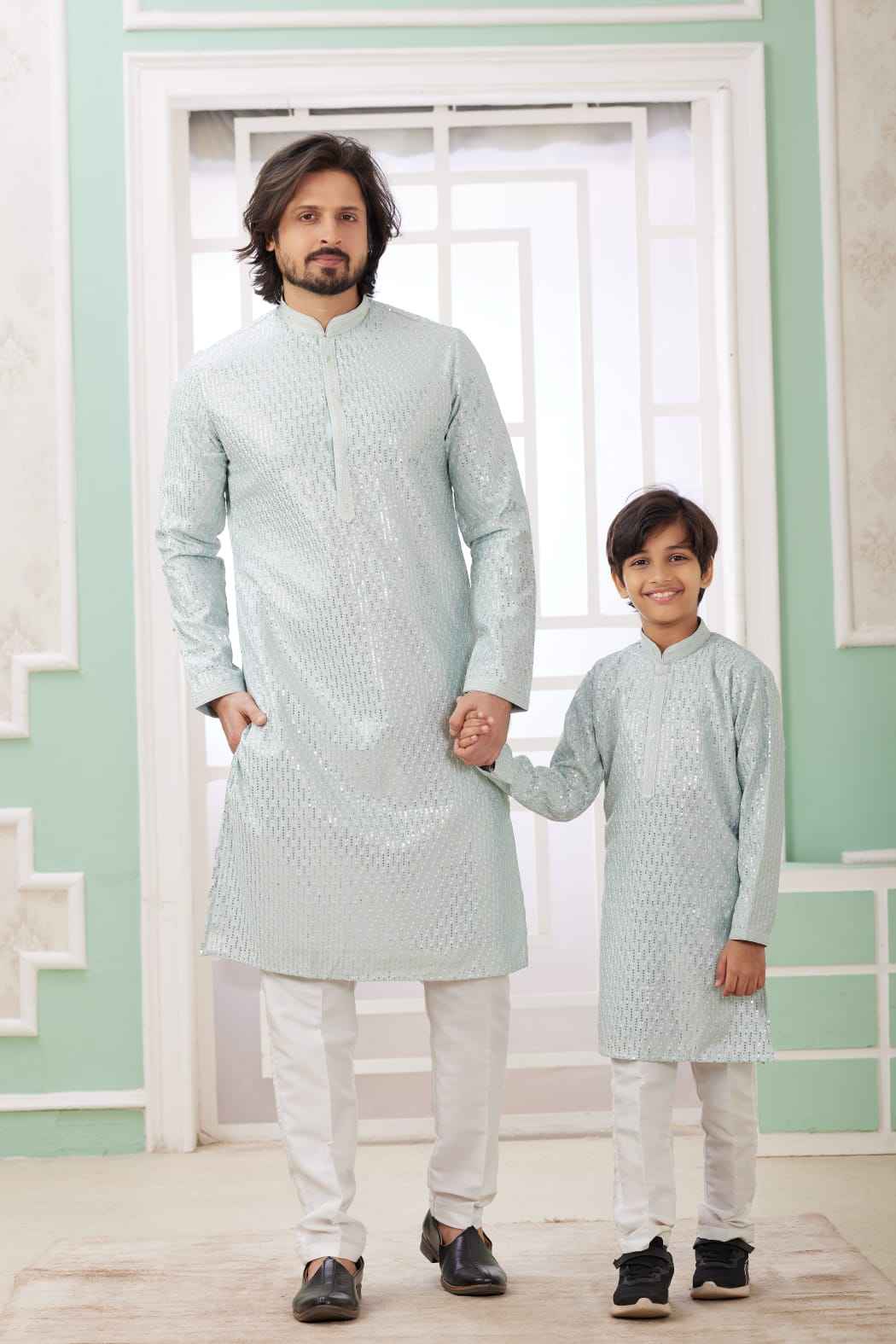 Mint Green Pure Art Banarasi Silk Thread Work Kurta Pajama Father and Son Matching Combo Set