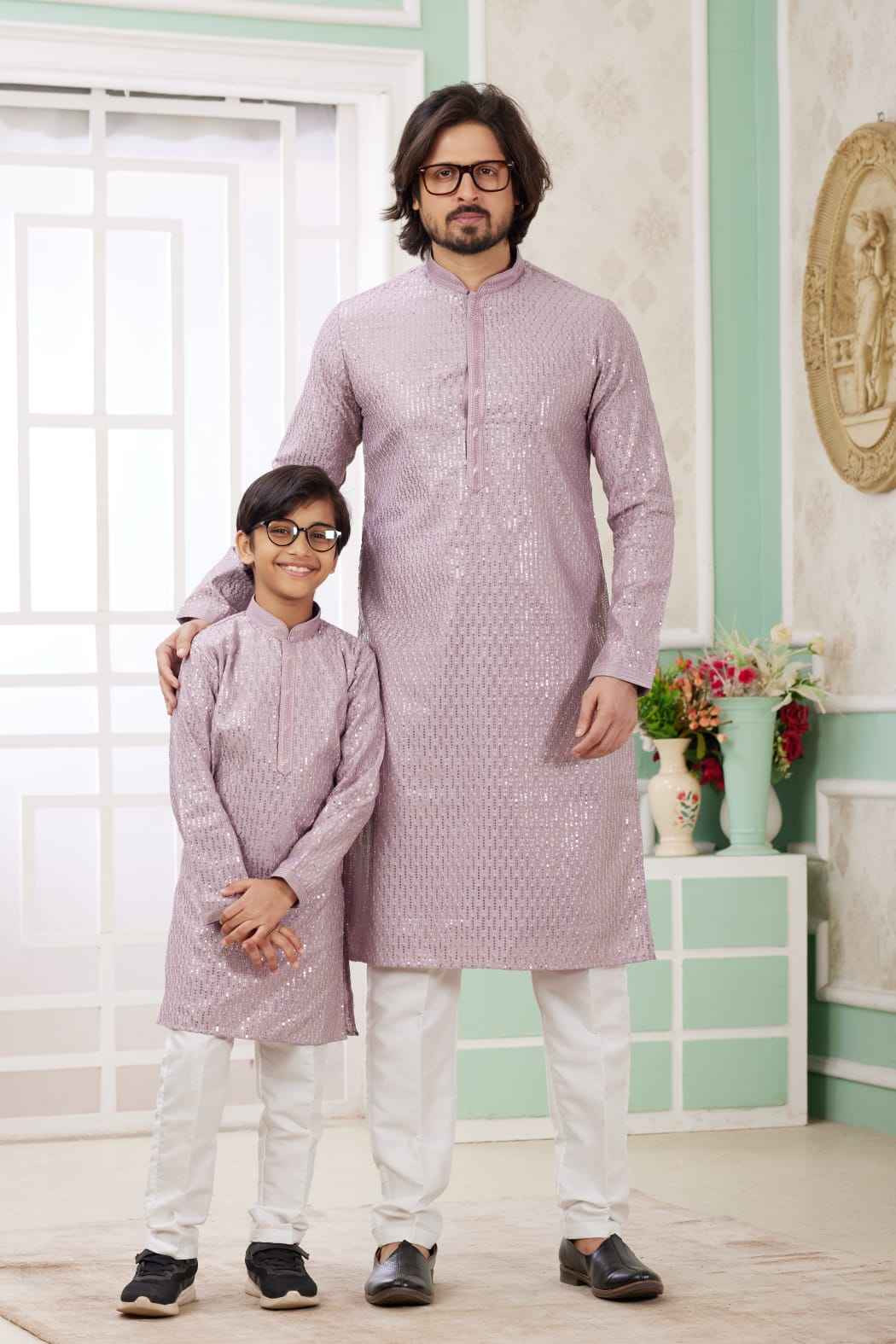 Lavender Pure Art Banarasi Silk Thread Work Kurta Pajama Father and Son Matching Combo Set