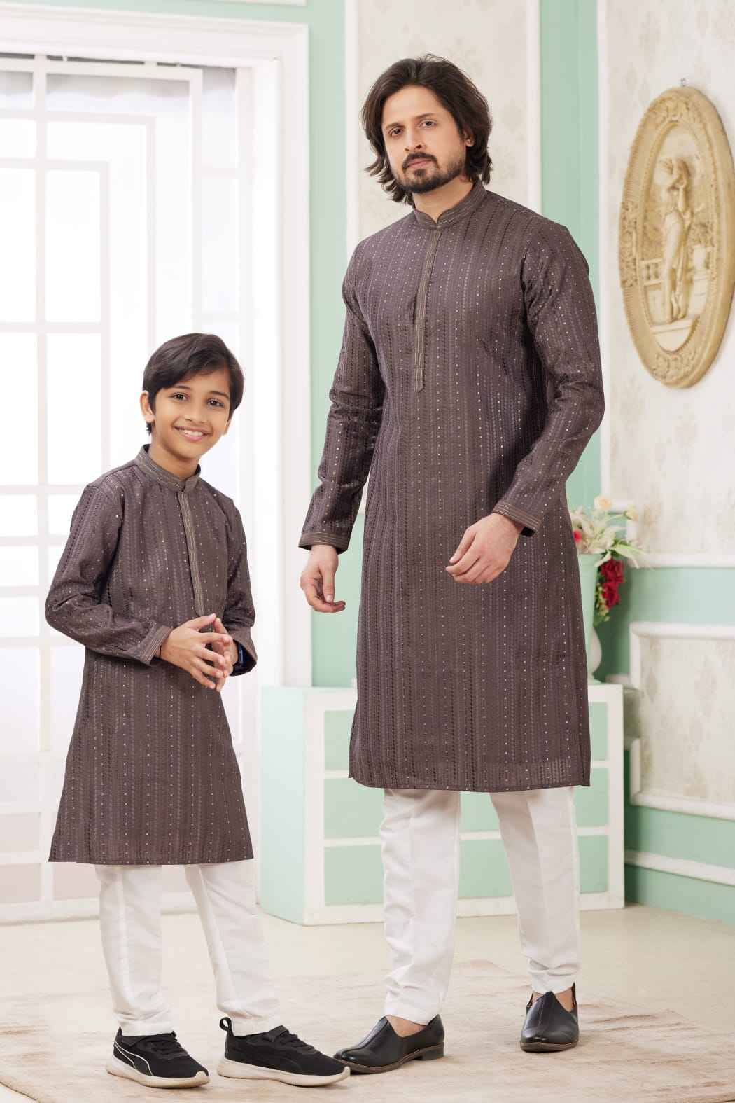 Brown Pure Art Banarasi Silk Thread Work Kurta Pajama Father and Son Matching Combo Set