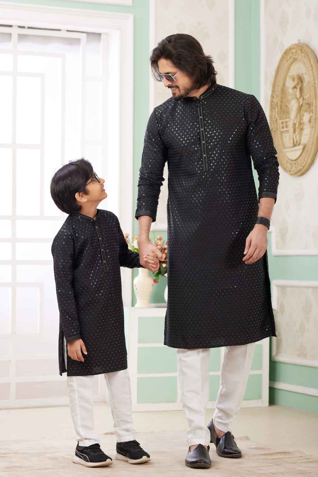 Black Pure Art Banarasi Silk Thread Work Kurta Pajama Father and Son Matching Combo Set