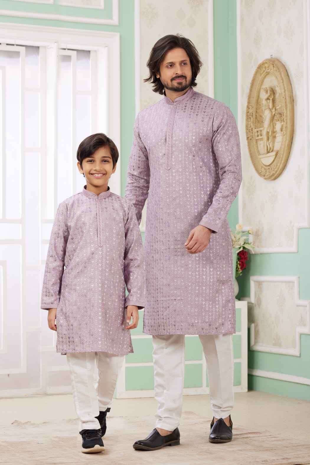 Lilac Pure Art Banarasi Silk Thread Work Kurta Pajama Father and Son Matching Combo Set