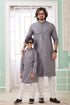 Grey Pure Art Banarasi Silk Thread Work Kurta Pajama Father and Son Matching Combo Set