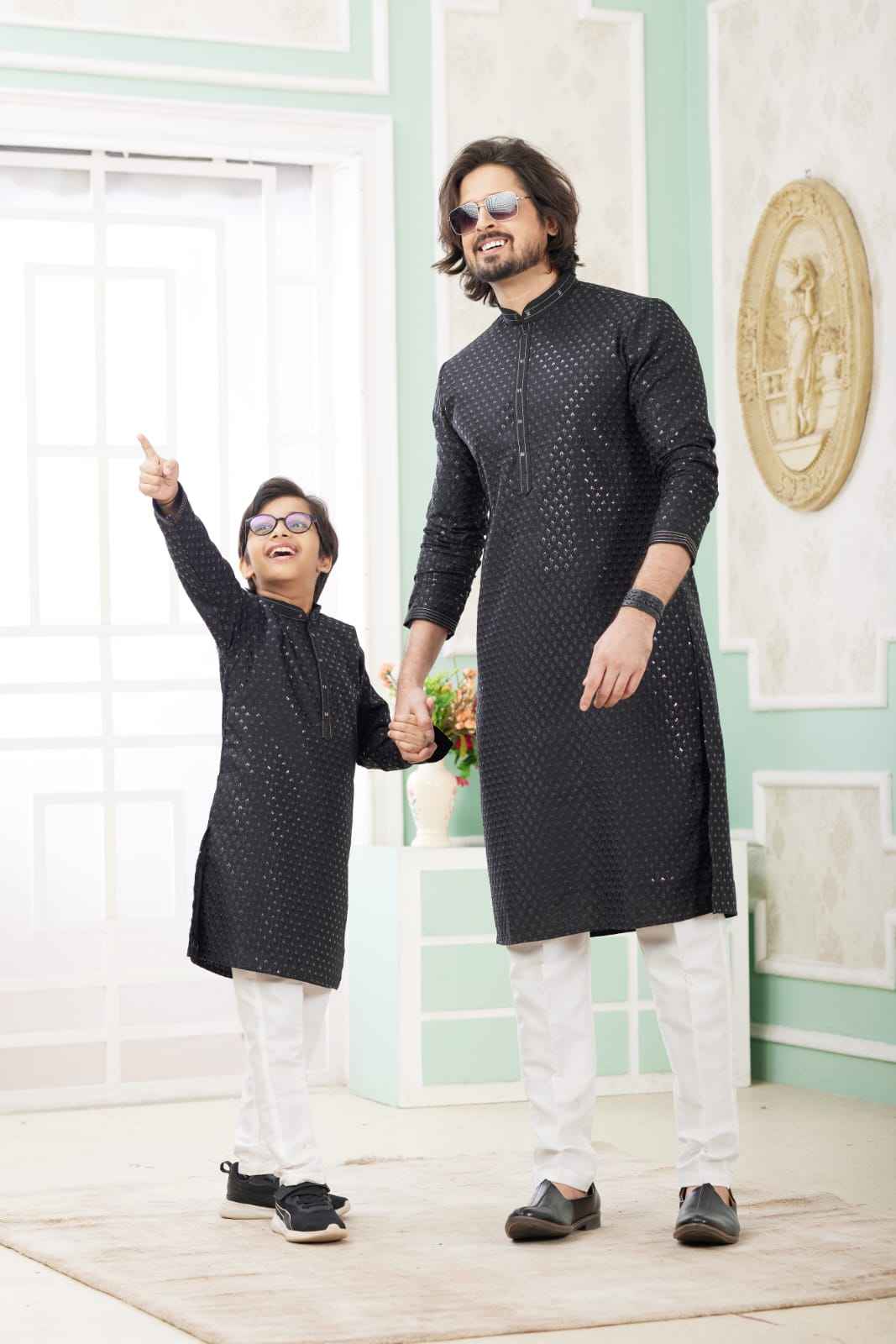 Black Pure Art Banarasi Silk Thread Work Kurta Pajama Father and Son Matching Combo Set