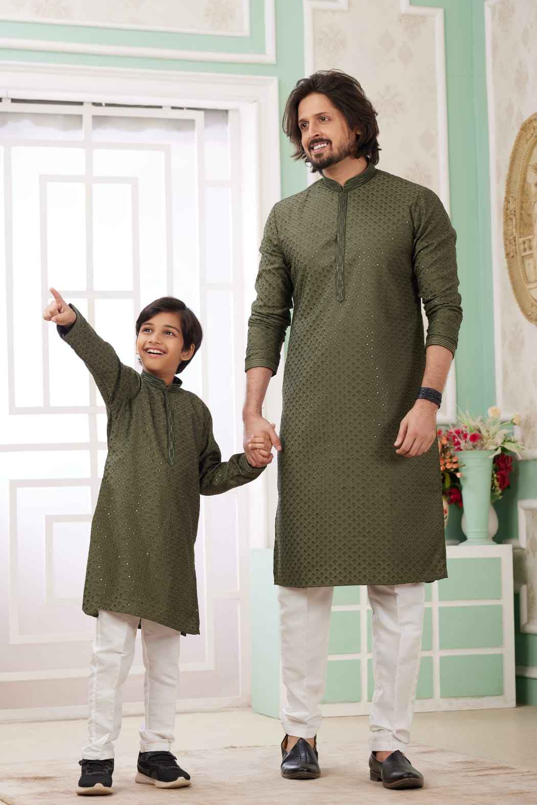 Mehandi Pure Art Banarasi Silk Thread Work Kurta Pajama Father and Son Matching Combo Set