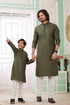 Mehandi Pure Art Banarasi Silk Thread Work Kurta Pajama Father and Son Matching Combo Set
