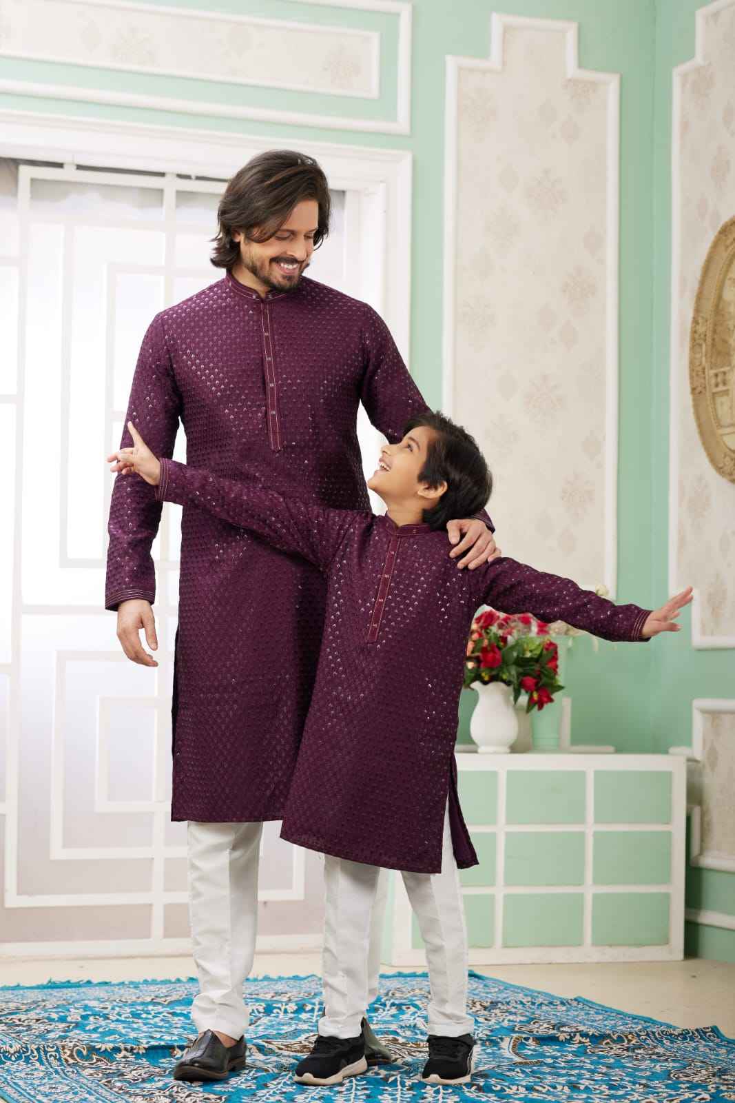 Wine Pure Art Banarasi Silk Thread Work Kurta Pajama Father and Son Matching Combo Set