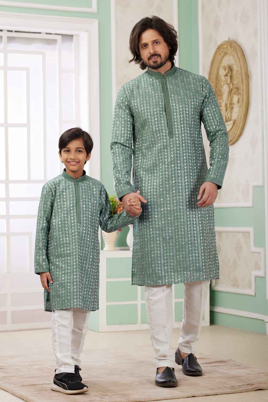 Mint Green Pure Art Banarasi Silk Thread Work Kurta Pajama Father and Son Matching Combo Set