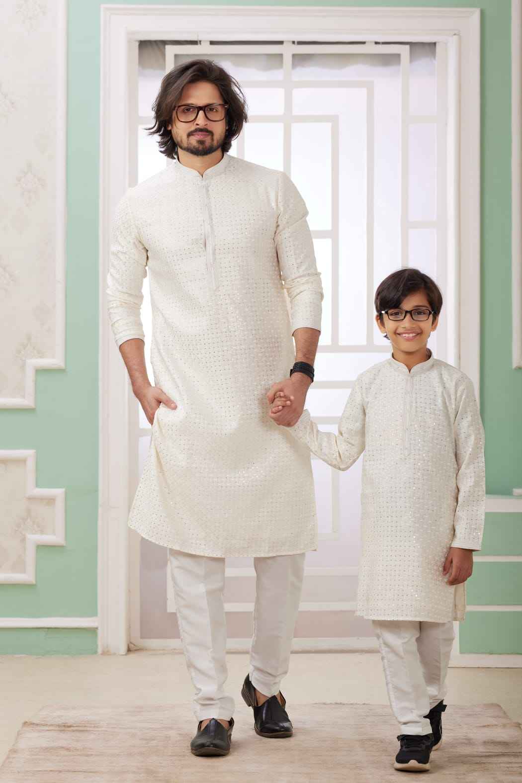 Cream Pure Art Banarasi Silk Thread Work Kurta Pajama Father and Son Matching Combo Set