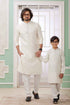 Cream Pure Art Banarasi Silk Thread Work Kurta Pajama Father and Son Matching Combo Set