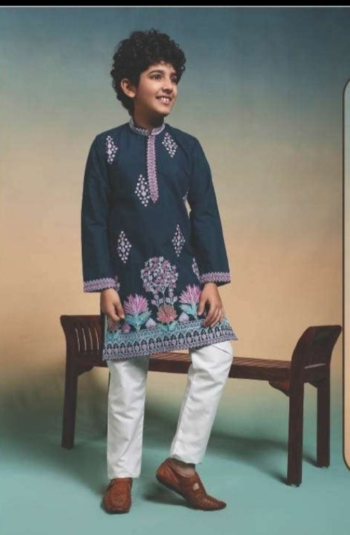 Teal Blue Pure Viscose Silk Kids Boy Kurta Pajama