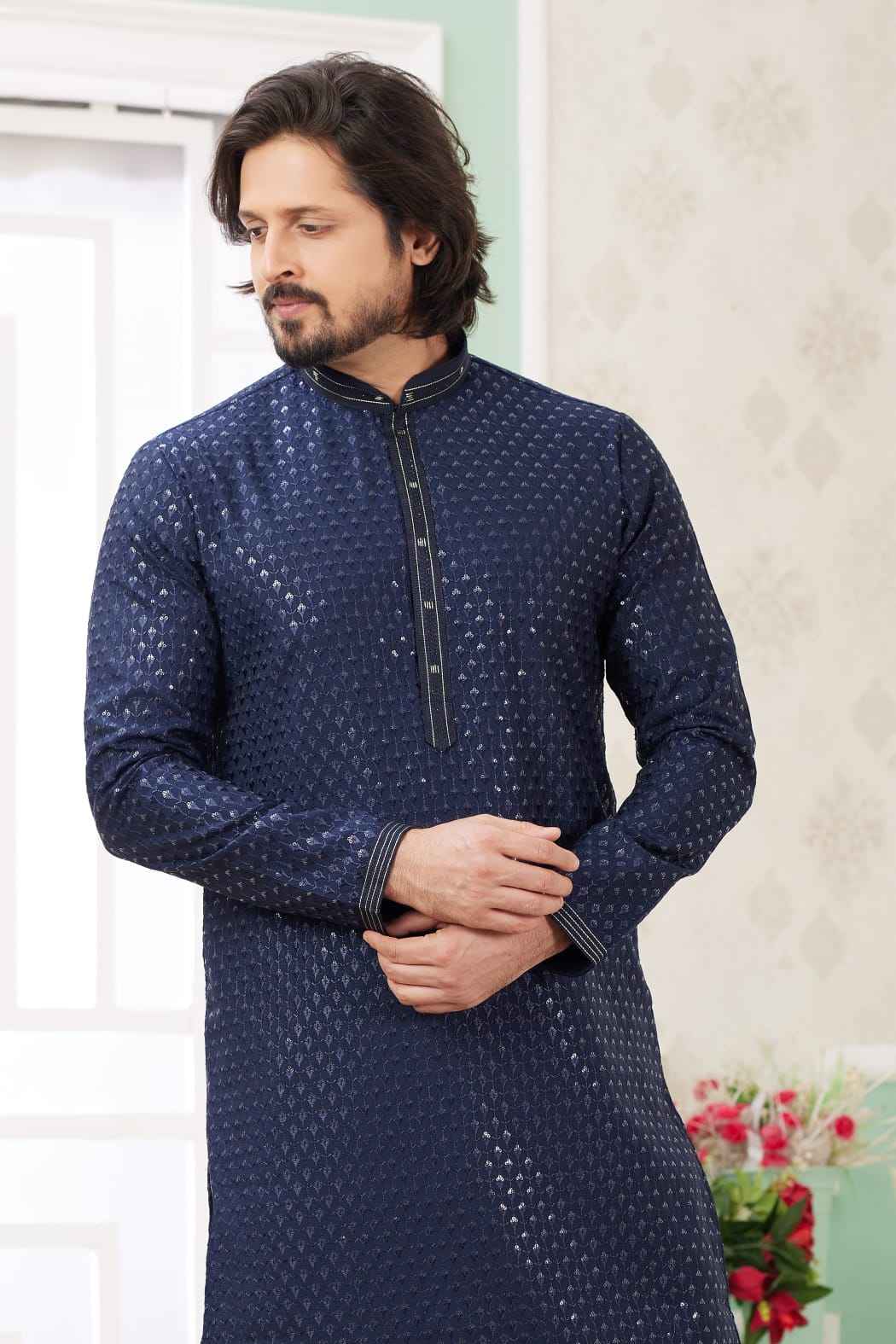 Blue Pure Soft Art Banarasi Silk Embroidery Thread Work Kurta Pajama Set