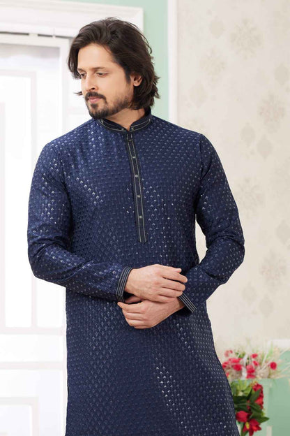 Blue Pure Soft Art Banarasi Silk Embroidery Thread Work Kurta Pajama Set