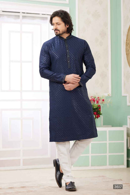 Blue Pure Soft Art Banarasi Silk Embroidery Thread Work Kurta Pajama Set