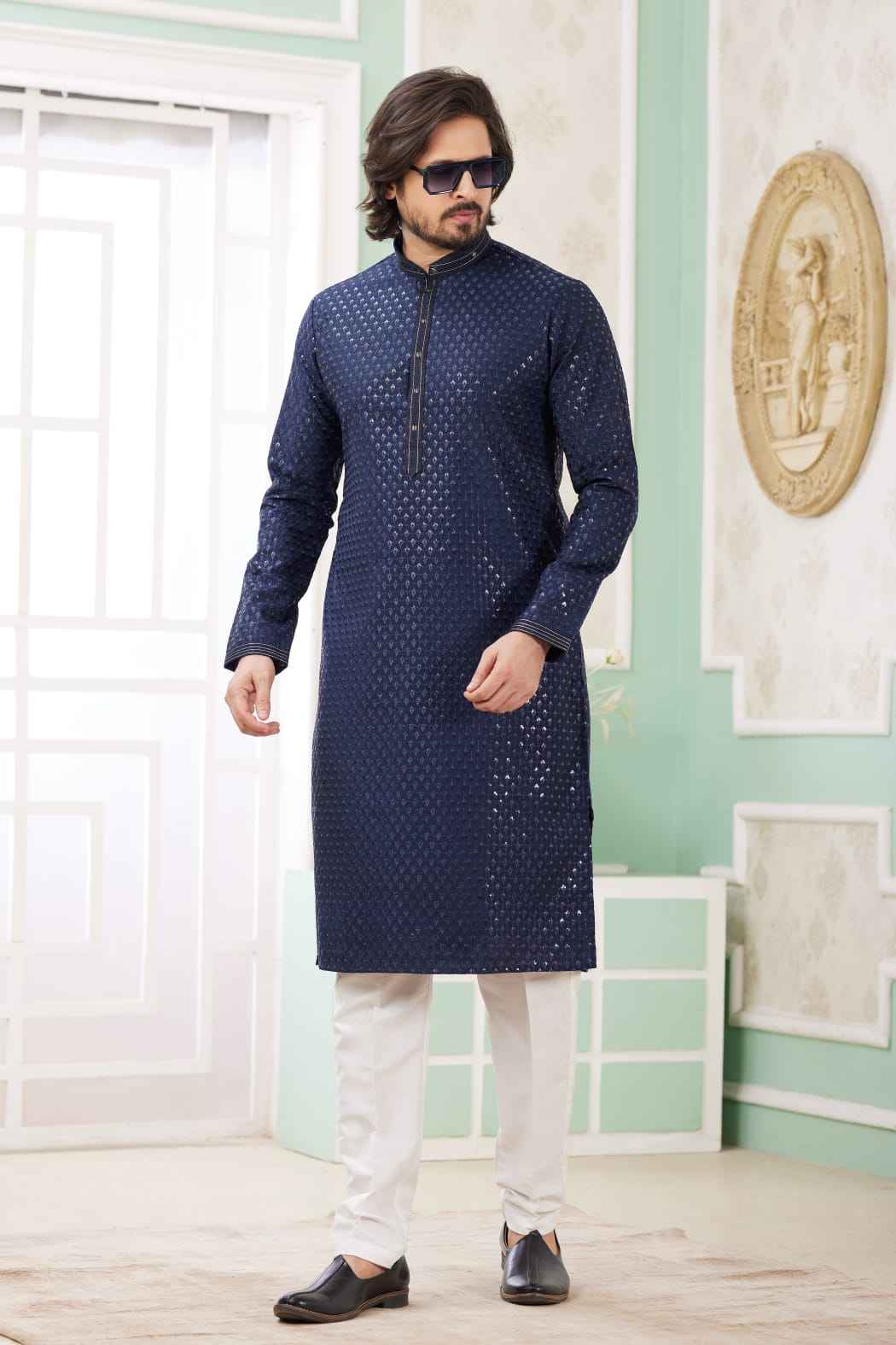 Blue Pure Soft Art Banarasi Silk Embroidery Thread Work Kurta Pajama Set