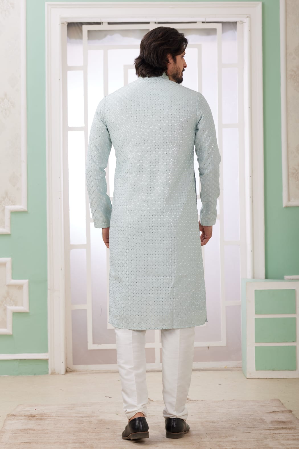 Mint Green Pure Soft Art Banarasi Silk Embroidery Thread Work Kurta Pajama Set