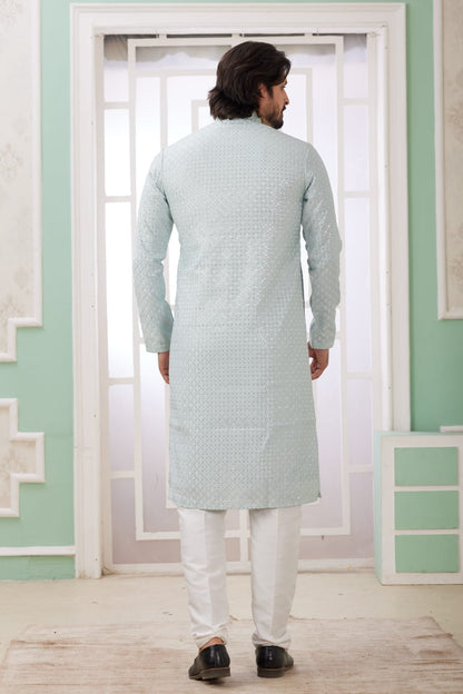 Mint Green Pure Soft Art Banarasi Silk Embroidery Thread Work Kurta Pajama Set