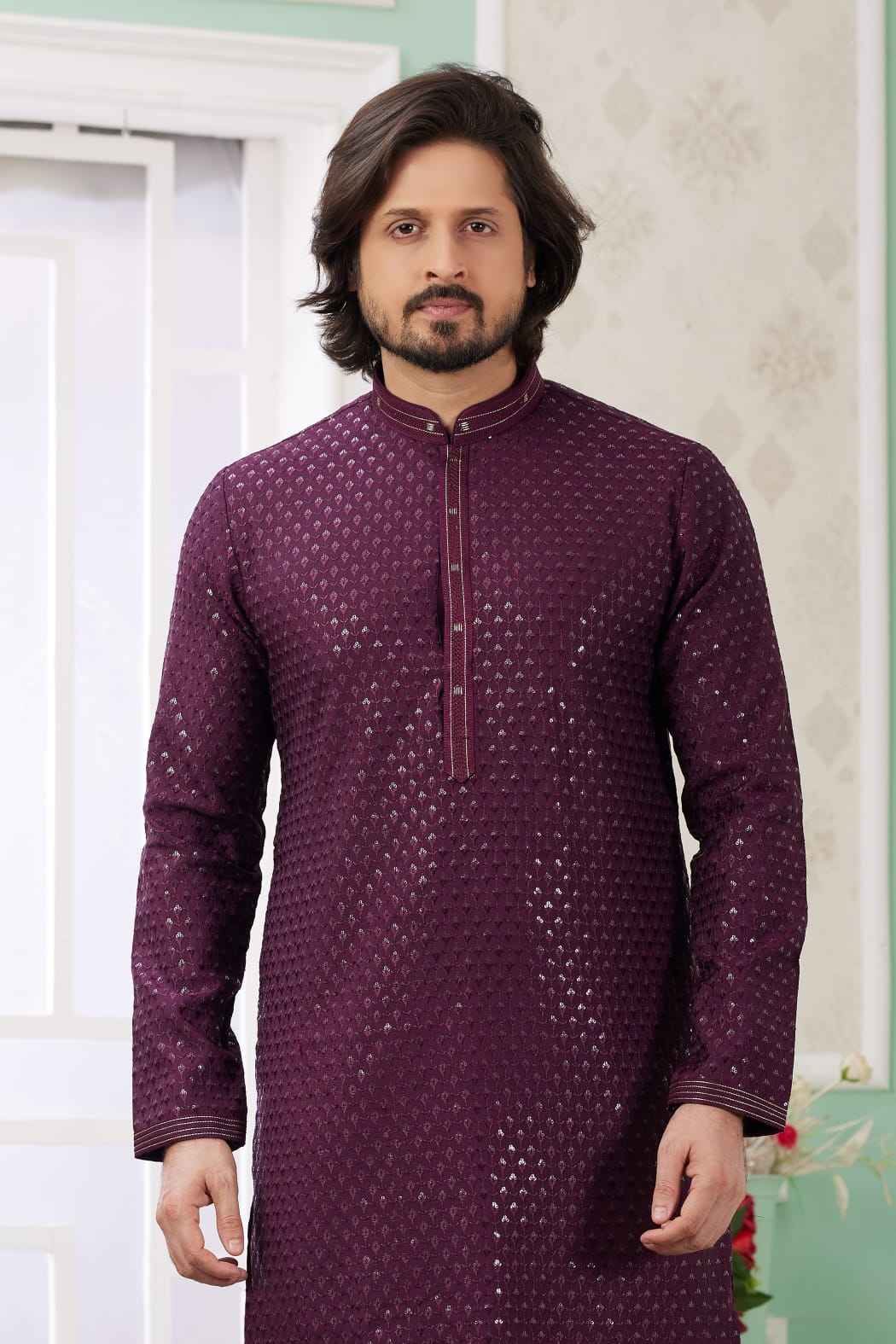 Wine Pure Soft Art Banarasi Silk Embroidery Thread Work Kurta Pajama Set