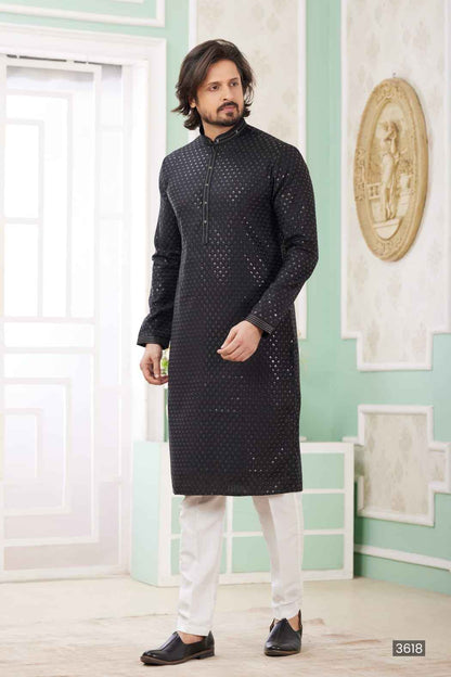 Black Pure Soft Art Banarasi Silk Embroidery Thread Work Kurta Pajama Set