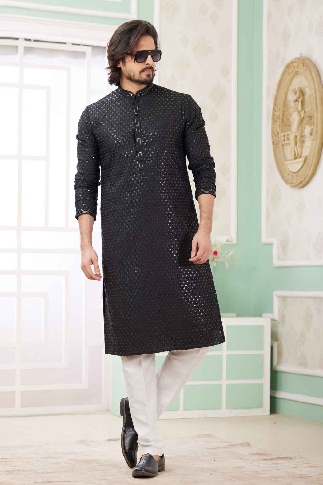 Black Pure Soft Art Banarasi Silk Embroidery Thread Work Kurta Pajama Set