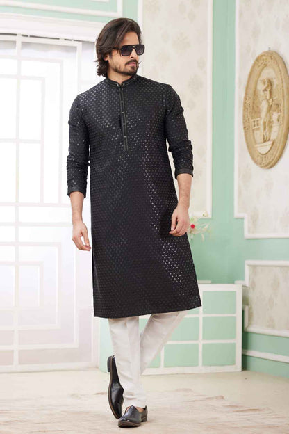 Black Pure Soft Art Banarasi Silk Embroidery Thread Work Kurta Pajama Set