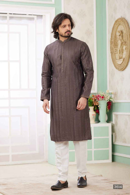 Brown Pure Soft Art Banarasi Silk Embroidery Thread Work Kurta Pajama Set