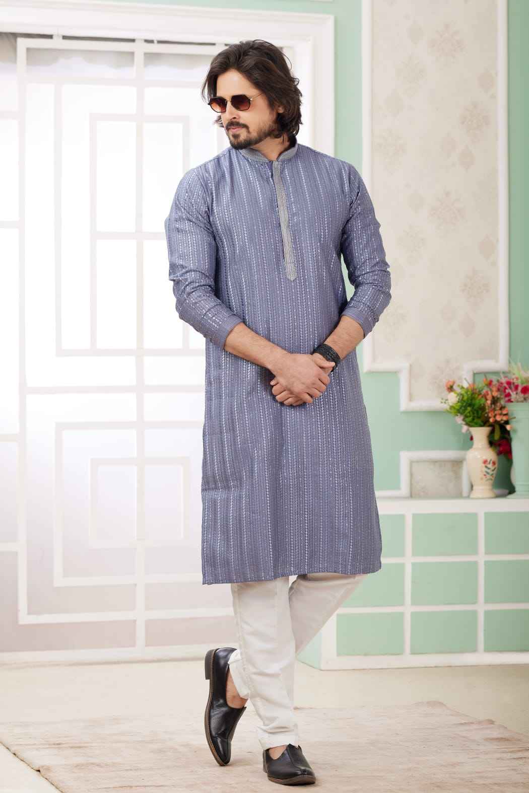 Dusty Blue Pure Soft Art Banarasi Silk Embroidery Thread Work Kurta Pajama Set