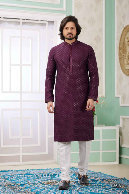 Wine Pure Soft Art Banarasi Silk Embroidery Thread Work Kurta Pajama Set