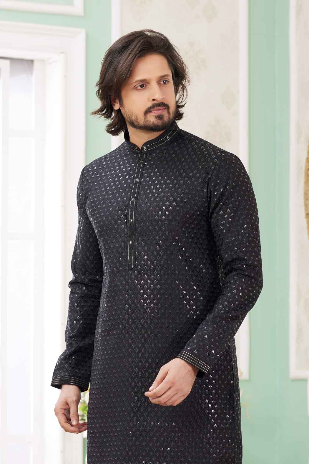 Black Pure Soft Art Banarasi Silk Embroidery Thread Work Kurta Pajama Set