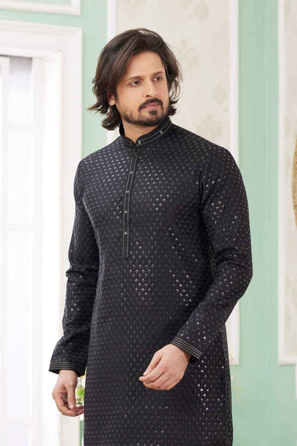 Black Pure Soft Art Banarasi Silk Embroidery Thread Work Kurta Pajama Set