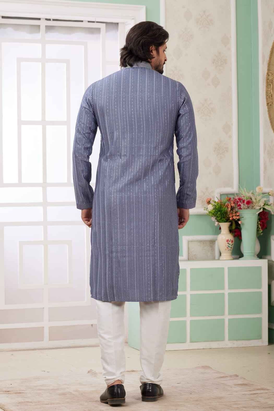 Dusty Blue Pure Soft Art Banarasi Silk Embroidery Thread Work Kurta Pajama Set