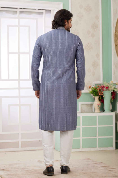 Dusty Blue Pure Soft Art Banarasi Silk Embroidery Thread Work Kurta Pajama Set