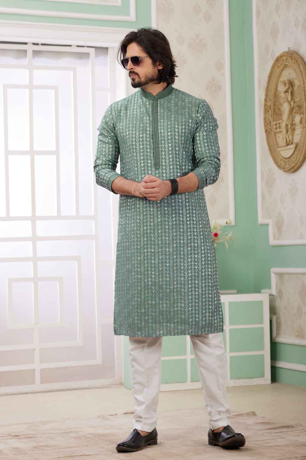 Green Pure Soft Art Banarasi Silk Embroidery Thread Work Kurta Pajama Set
