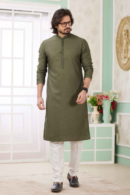 Mahendi Pure Soft Art Banarasi Silk Embroidery Thread Work Kurta Pajama Set