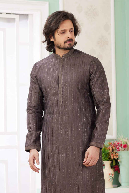 Brown Pure Soft Art Banarasi Silk Embroidery Thread Work Kurta Pajama Set