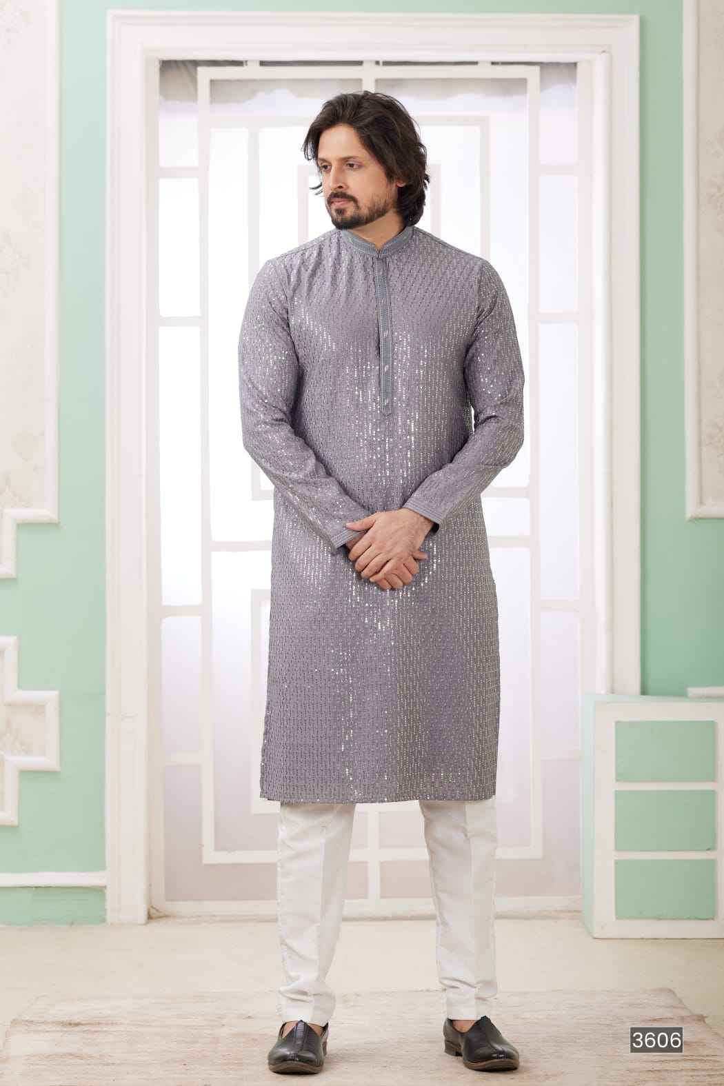 Grey Pure Soft Art Banarasi Silk Embroidery Thread Work Kurta Pajama Set